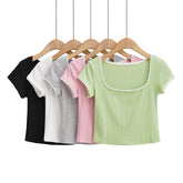 Einfarbiges, kurzärmliges T-Shirt mit Spitzennähten